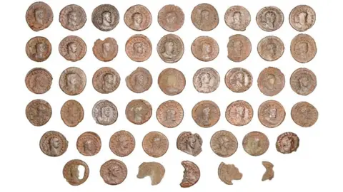 Noonans The 50 coins laid out in rows on a white background