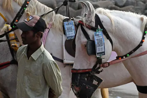 LightRocket via Getty Images A man stands near a horse, attached with paytm scanner code near its eyes used for payment after joy ride on the beach. 