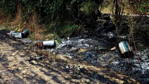 South Yorkshire Fire & Rescue Service A number of burnt out cans in a field next to a hedgerow.