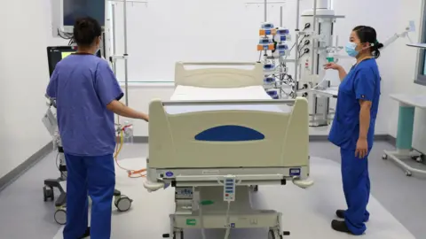 An empty bed in an intensive care unit in a hospital. Two people in blue medical scrubs are standing either side of it. There is medical equipment around the bed. The room is white.