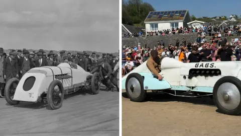A composite picture of babs. One is an archive picture of a man in the car with a group of spectators looking while the other is taking from present day with spectators looking on. 