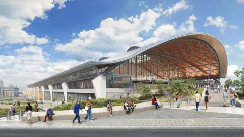 A visualisation of the proposed revised design for Curzon Street Station, the HS2 station in Birmingham. Designs show a building with a wavy, curved roof, a pedestrian area with planting outside and people walking around.