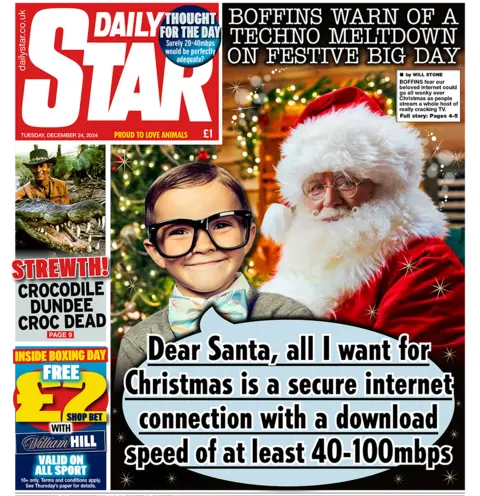 Daily Star headline reads: "Boffins warn of a techno meltdown on festive big day"