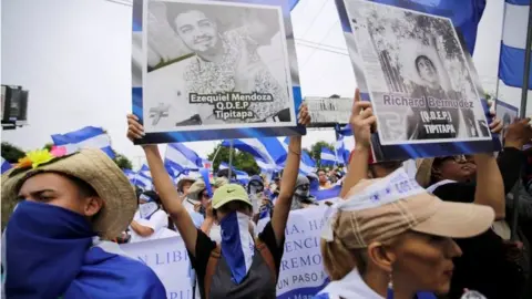 Reuters Demonstrators hold up pictures of students killed during the anti-government protests, while taking part in a march to demand the ouster of Nicaragua's President Daniel Ortega in Managua, Nicaragua, July 23, 2018.