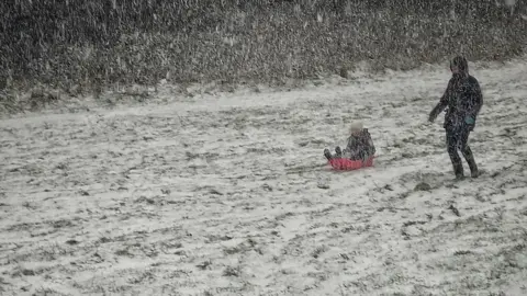 BBC Weather Watchers/MackemIan Snow is falling heavily but you can make out a child on a red sled while another person runs down the slope alongside them. The grass is not entirely covered in snow with tufts of grass visible.