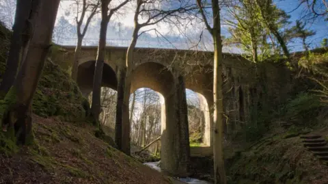 MANX SCENES A viaduct with tall arches in a Glen with a stream running through it and tall trees.