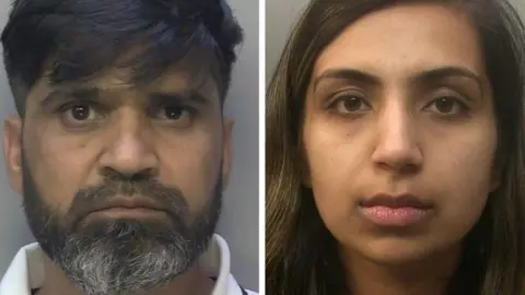 Surrey Police Police mugshots of Sara's father Urfan Sharif and stepmother Beinash Batool. They are both looking directly at the camera with blank expressions. 