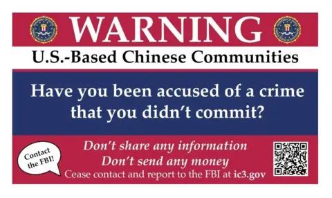 Warning from the FBI reads US - Based Chinese Communities: Have you been accused of a crime that you didn't commit? Don't share any information Don't send any money Cease contact and report to FBI at ic3.gov beside a QR code. Speech bubble reads Contact the FBI. 