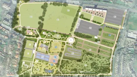 A rendered map image of Nobles Park. It is scattered with labelles, numbering the different areas set of re-developments