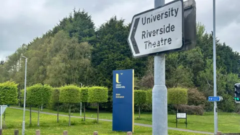 A road sign saying University/ Riverside theatre - behind it are trees and a blue sign for the UU's main entrance.