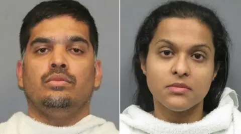 Richardson Texas Police Department Side-by-side mugshots of Wesley and Sini Mathews, in front of neutral grey background