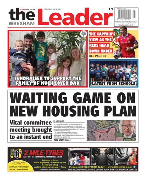 Wrexham Leader Wrexham Leader front page with headline Waiting game on new housing plan