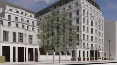 Exterior of the mock up of the new hotel in the same site as the police station