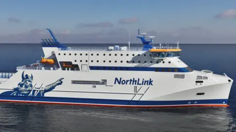 An artist's impression of the Northern Isles freight flex vessel. The large, modern looking boat is mostly white and painted with blue branding. It is floating on water. 