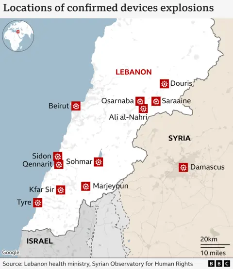 Map of confirmed explosions in Lebanon and Syria