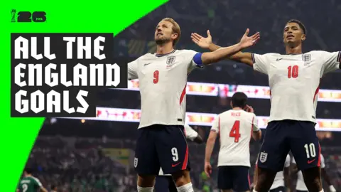 Harry Kane and Jude Bellingham with their arms wide apart, smiling to the crowd mid-game at the 2026 World Cup