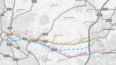 Two options for Derby-to-Nottingham tram as part of HS2 plans - BBC News