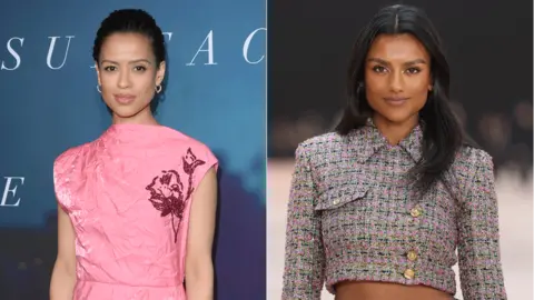 Gugu Mbatha-Raw and Simone Ashley posing at red carpet events. Gugu wears a pink dress with a flower motif. Simone wears a grey, pink and black-patterned cropped jacket.