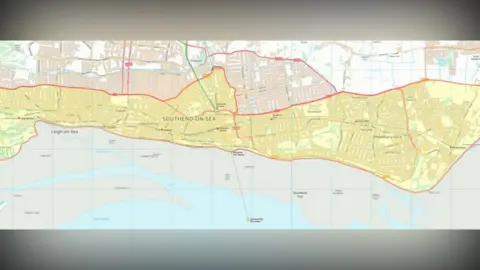 Essex Police A map showing where the dispersal order is in place. It stretches from Shoeburyness in the east to Leigh-on-Sea in the west, passing through Southend city centre.