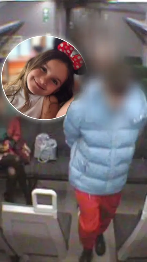 A CCTV still of a teenager, whose face is blurred, with his hands behind his back walking through the aisle of a train carriage. He is wearing a blue puffer coat and red trousers. A circular insert shows nine-year-old Aria Thorpe, who has long brunette hair and is wearing Minnie Mouse ears and smiling at the camera. 