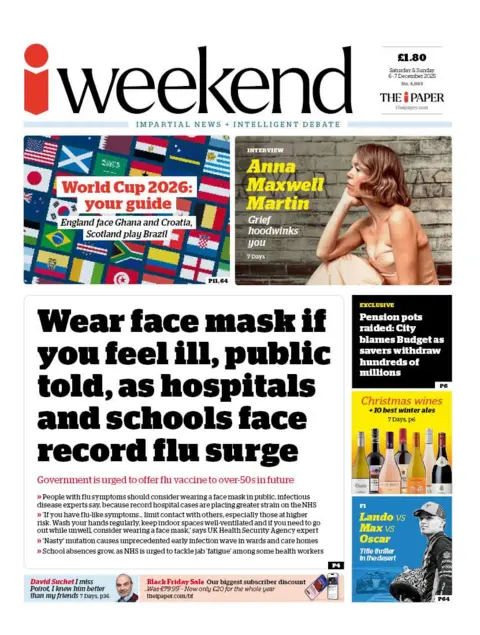 The headline on the front page of the i Paper reads: “Wear face mask if you feel ill, public told, as hospitals and schools face record flu surge”.