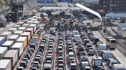 A view of holiday traffic queueing to use the Port of Dover in Kent.