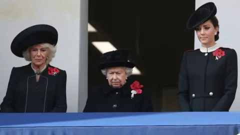 PA The Duchess of Cornwall, Queen Elizabeth II and the Duchess of Cambridge on a balcony during the remembrance service