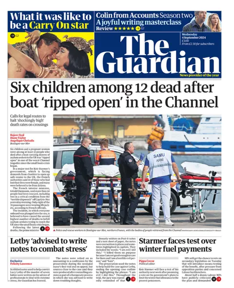 The headline in the Guardian reads: "Six children among 12 dead after boat 'ripped open' in Channel". 