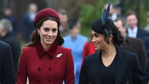 PA The Duchess of Cambridge and the Duchess of Sussex arrive at the morning service