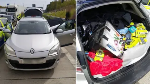 A composite photo of a grey car and the boot of a grey car which is stuffed full of items including a large red bag, yellow boxes, a shopping bag and two large black bags.