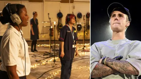 BBC / Getty Images Justin Bieber and the NHS Choir