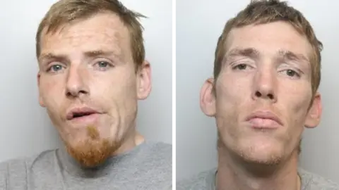 Police headshots of Jake Shaw (left) and Simon Welsh (right). Shaw has light brown hair and a ginger beard. Welsh has short brown hair and light stubble. They are both wearing grey t-shirts. 