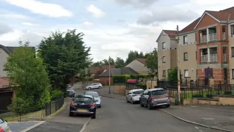 Scarrel Drive in Glasgow. Flats and houses like the streets. There are black railings between the gardens and the pavements and cars parked along the pavements.