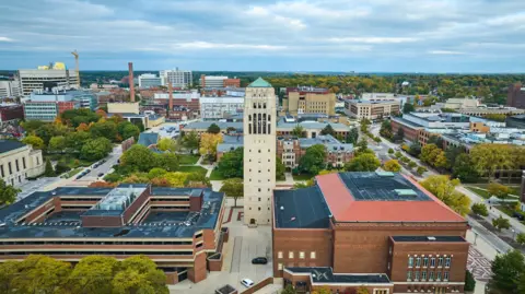 An aerial view of the University of Michigan campus in Ann Arbor, Michigan