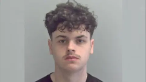 A young man with brown curly hair looks at the camera. He has a faint moustache and brown eyes. He is standing against a light grey background.