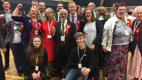 BBC Matt Rodda (centre) celebrating in Reading East