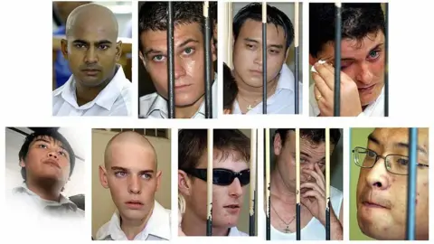 Getty Images Composite images of headshots of the Bali Nine, some behind the scenes, and each wearing white clothing. 