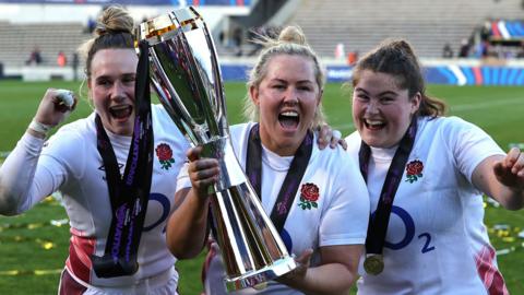 Megan Jones, Marlie Packer and Maud Muir celebrate England's success