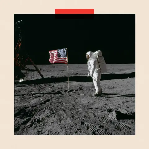 NASA Astronaut Edwin Aldrin on the surface of the Moon next to the US flag