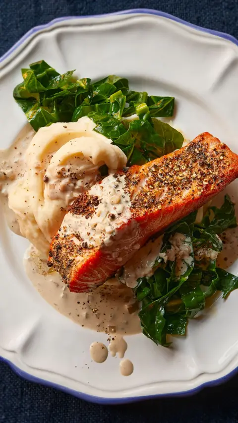 A salmon fillet sits on top of mashed potato and veg on a white plate