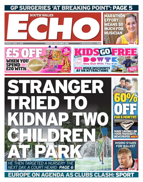 South Wales Echo South Wales Echo paper front page for 3 April 2026 with headline "Stranger tried to kidnap two children at park" and photo of water park for children
