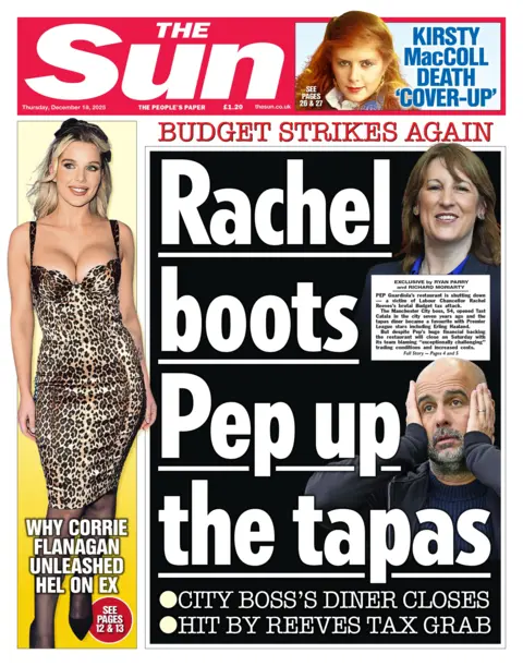 The headline on the front page of the Sun reads: "Rachel boots Pep up the tapas".