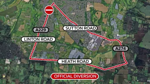 A map graphic showing the diversion route caused by the road closure