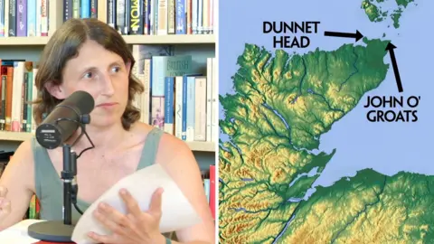 Left, a woman with brown hair speaks into a microphone. Right, a map of the northernmost point of Scotland.