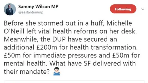 Sammy Wilson/Twitter The DUP criticised Sinn Féin's response the health crisis on Twitter