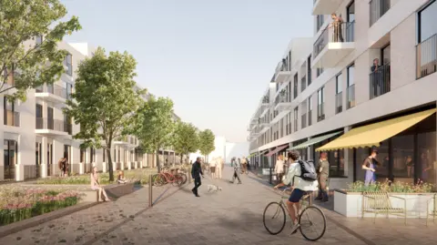 A visualisation of a street lined by modern flats. The street is pedestrianised and there is a man in shorts and a shirt with rolled up sleeves riding down it. There is a row of trees with green leaves down the left of the street.