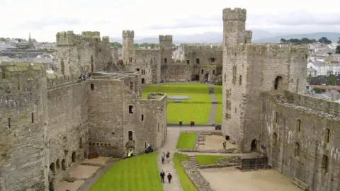 An aerial view of Caernarfon Castle.