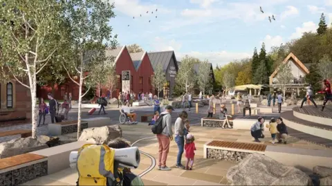 Art depicting the proposed Flamingo Land resort on the banks of Loch Lomond. Modern buildings line a street with benches and trees. Families walk around the open space 