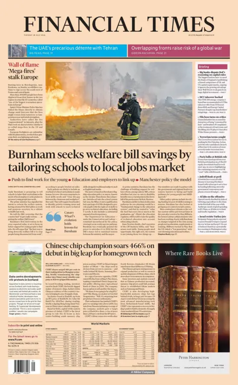 "Burnham seeks welfare bill savings by tailoring schools to local jobs market," reads the headline on the front page of the Financial Times.