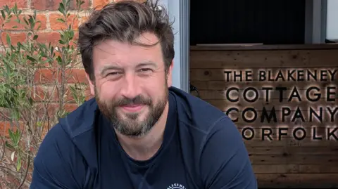 Man smiling into the camera wearing a dark blue jumper in front of a sign saying the Blakeney Cottage Company